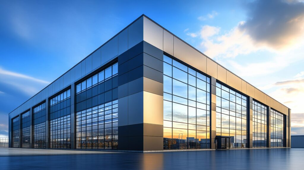 Low down angle of blue building with sunset reflecting in windows